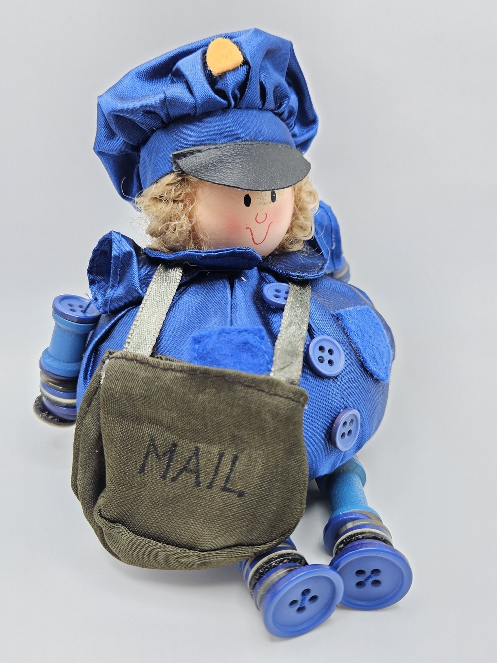 VINTAGE Handmade Blue Female Post Office Mail Carrier Shelf Sitter Buttons Spool
